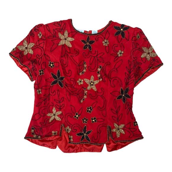 Vintage Scala silk beaded sequin top womans size XL formal red golden girls - Picture 1 of 10